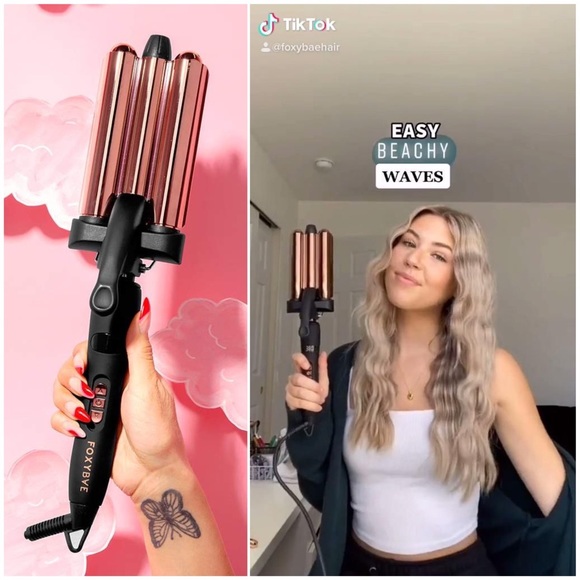 FOXYBAE Triple Waver Curling Iron Crimper Wavy Baby Hair Tool Beach Rose Gold - Picture 2 of 9